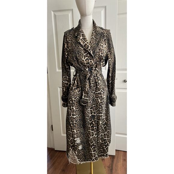 WALKER ROSE Leopard Print Distressed Denim Belted Long Trench Coat - Picture 1 of 13